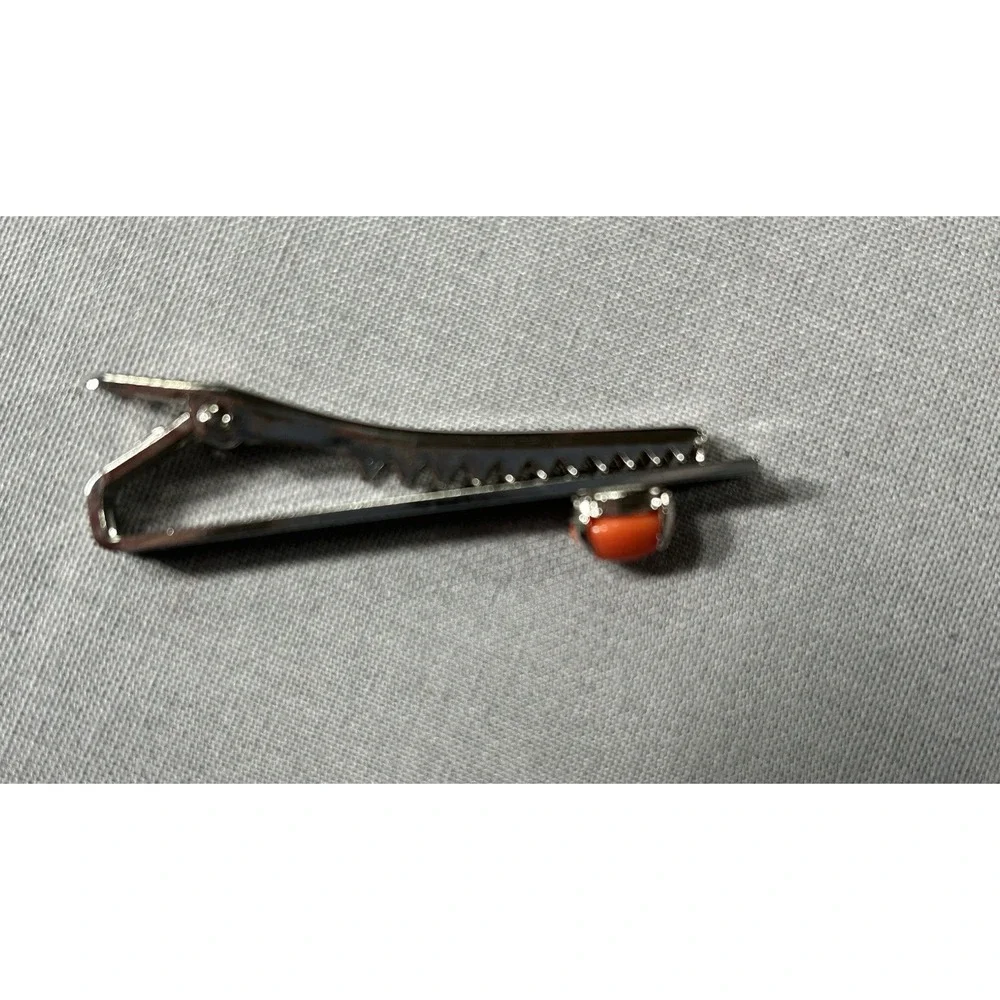 Coral tie clip and tie pin with box coral bead set in‎ silver tone men's fashion